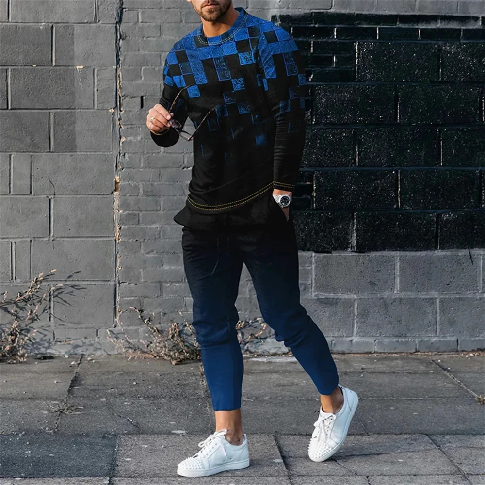 Long Sleeved Suit Mens Plaid 3D Printed Fashion Retro Jogging Sweatshirt Set Spring Fall Crew Neck Sweatshirt And Pants M-3XL 240918