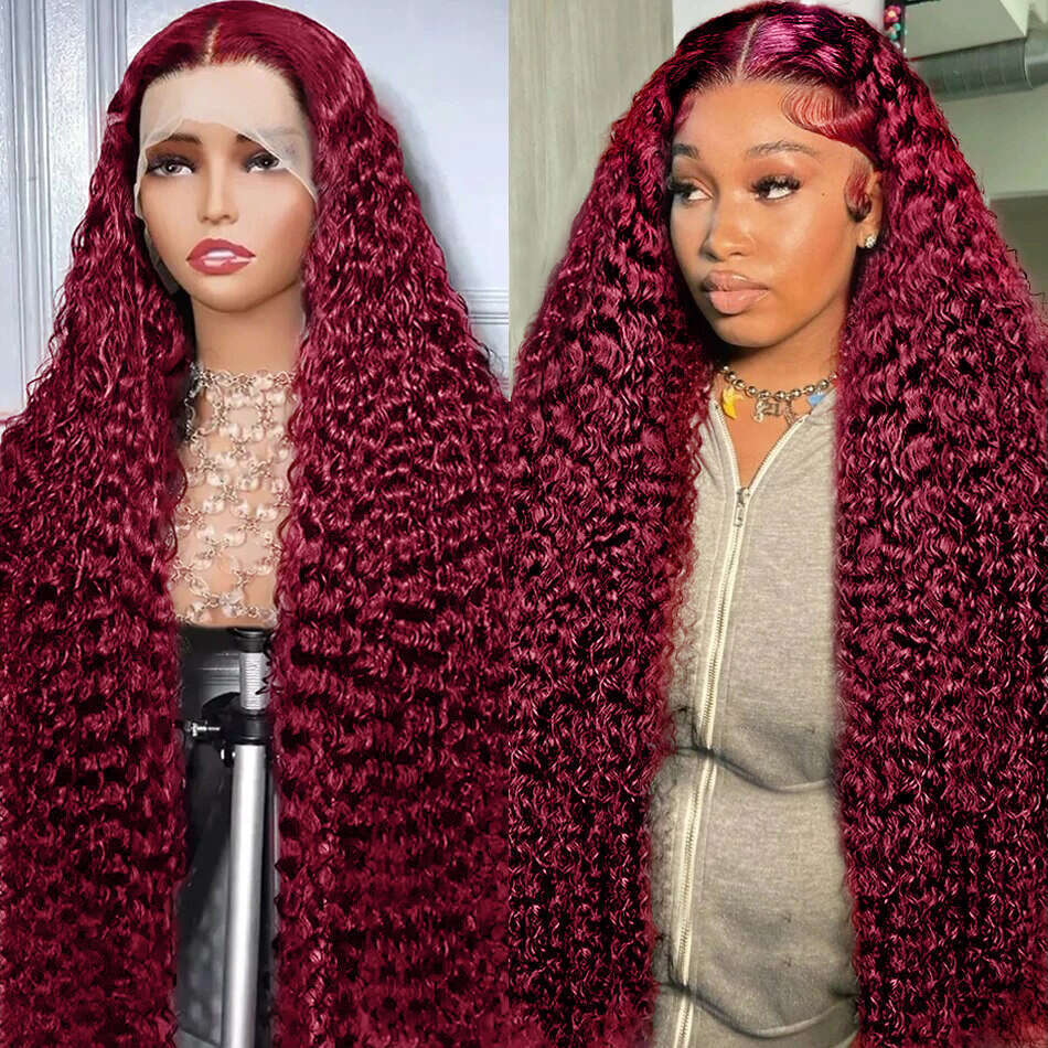 99j bury water curly 250 density 13x4 frontal wig 13x6 lace front red colored deep wave human hair wigs