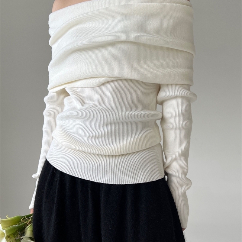 AOSSVIAO Autumn Winter Off Shoulder Women Sweaters Elegant Vintage Knitted Solid Jumper High Stretch Top Soft Chic Pullovers i240921