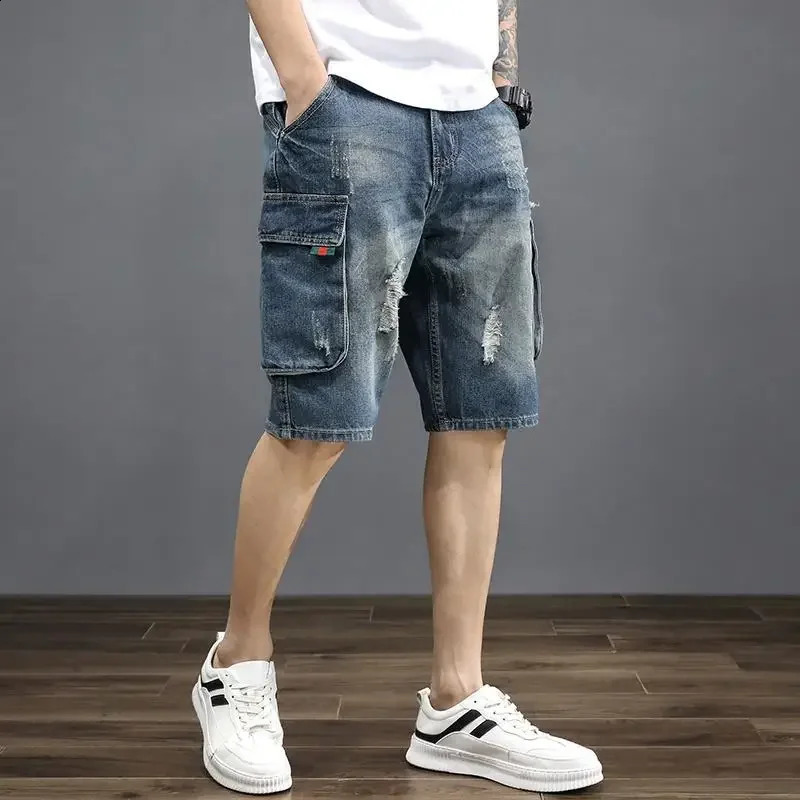Mens denim shorts blue long tear Bermuda half mens shorts trend Korean fashion Xl retro Jorts Y2k 240923