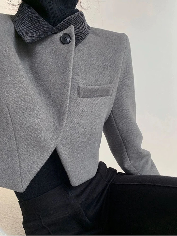 Zoki Vintage Streetwear Cropped Tweed Blazer Women Harajuku Grey Short Coat French Long Sleeve Casual Female Y2K Jacket 240918