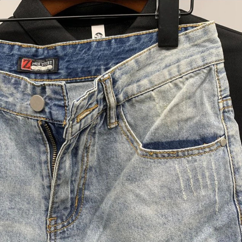 Mens shorts with text pockets graphic original mens denim shorts Distressed Stretch thin buttons summer streetwear 240923