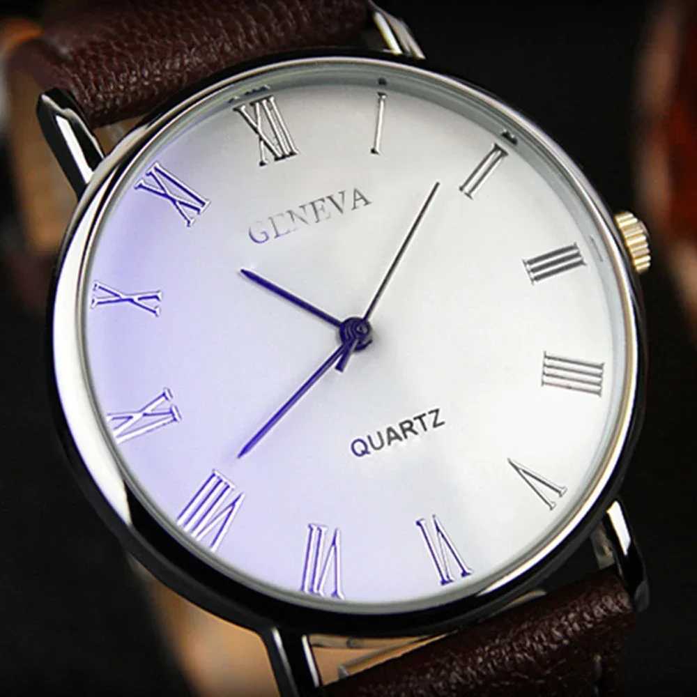Classic retro Geneva mens watch analog business quartz watch Roman numerals blue light synthetic leather strap W240923