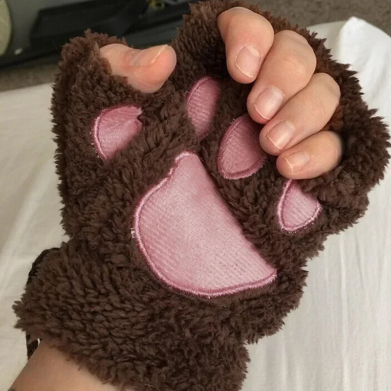 Kawaii Womens Cat Gloves Fashion Girls Cat Claw Plush Gloves Warm and Soft Plush Short Fingered Half Fingered Winter Gloves 241206
