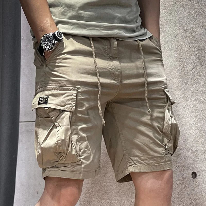 Half mens cargo shorts solid brushed khaki mens Bermuda shorts summer Korean style luggage elastic waist mens Y2k 240923