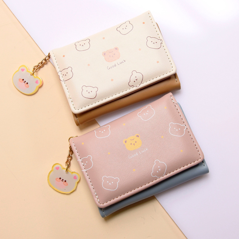 Women Thin Korean Version Cute Cartoon Bear Ladies Small Student Three-fold Wallet Female Fashion Short Coin Purse
