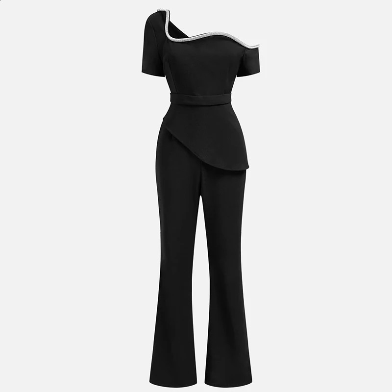 Heat resistant solid combination womens fashionable irregular long shoulder jumpsuit high street short sleeved flash pants onepiece 240918