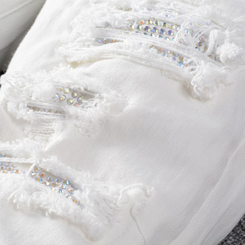 Foreign trade best-selling high street perforated patch with diamond studded elastic slim fit white jeans 625