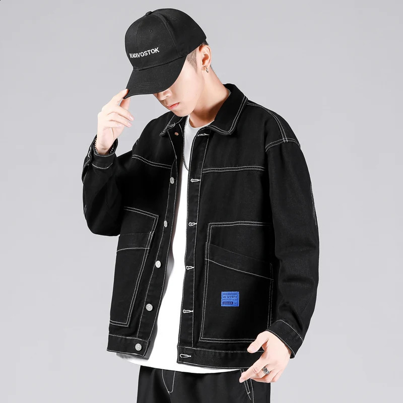 Autumn mens black denim jacket fashionable retro street style casual cotton elastic clothing 240921