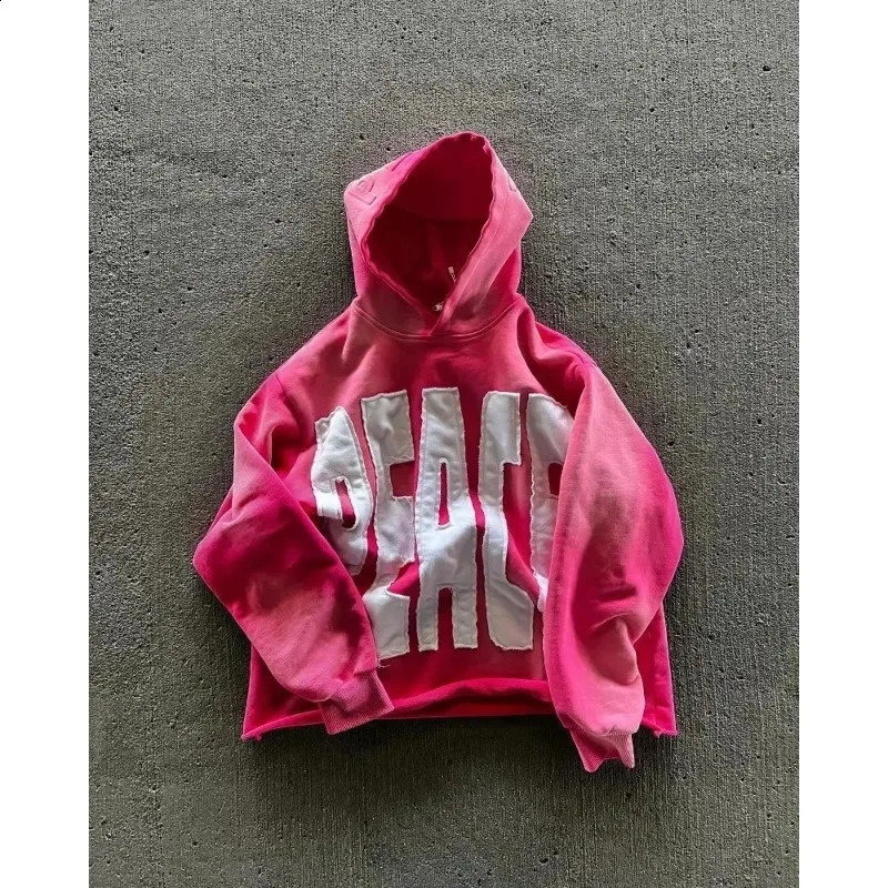 2024 Letter Applique Street Fashion Mens Y2K High Street Sports Zipper Cardigan Hooded Trendy Pink Loose Sweatshirt Jacket 240923
