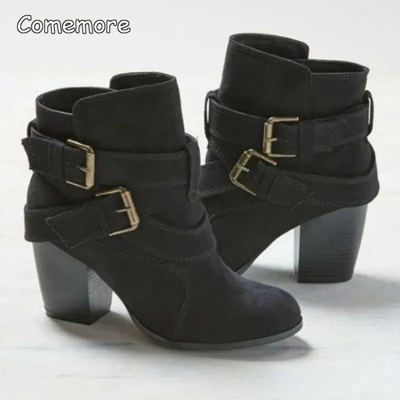 Buckle Casual Ladies Shoes Female Chelsea Short Boot Chunky Heel Autumn Footwear 2024 Vintage Women High Heels Ankle Boots