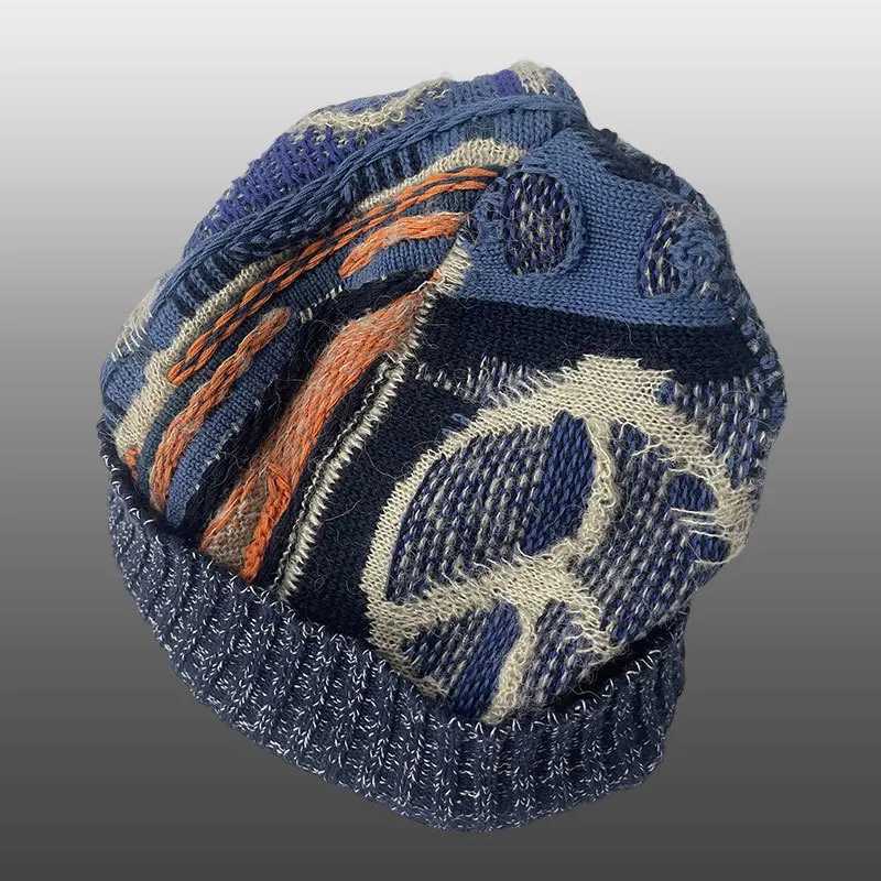 Beanie/Skull Caps 2023 Janese Style Contrast Color Stitching Knitted Hat High Street Knitted Hat For Men Retro Warm Hat Men Casual Knitted Hat J240923