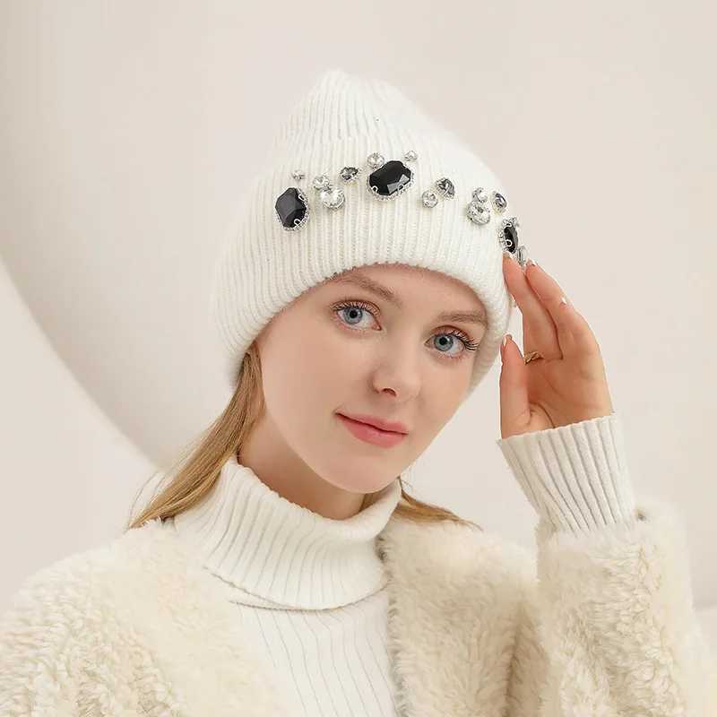 Beanie/Skull Caps Autumn and winter knitted hat rhinestone womens casual tren net red bowler hat warm versatile beanie ear hat J240923