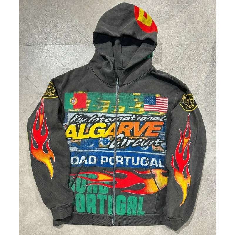 American 2024 European hoodies high street Y2K casual trendy loose and versatile zipper flame letter print super sweatshirt
