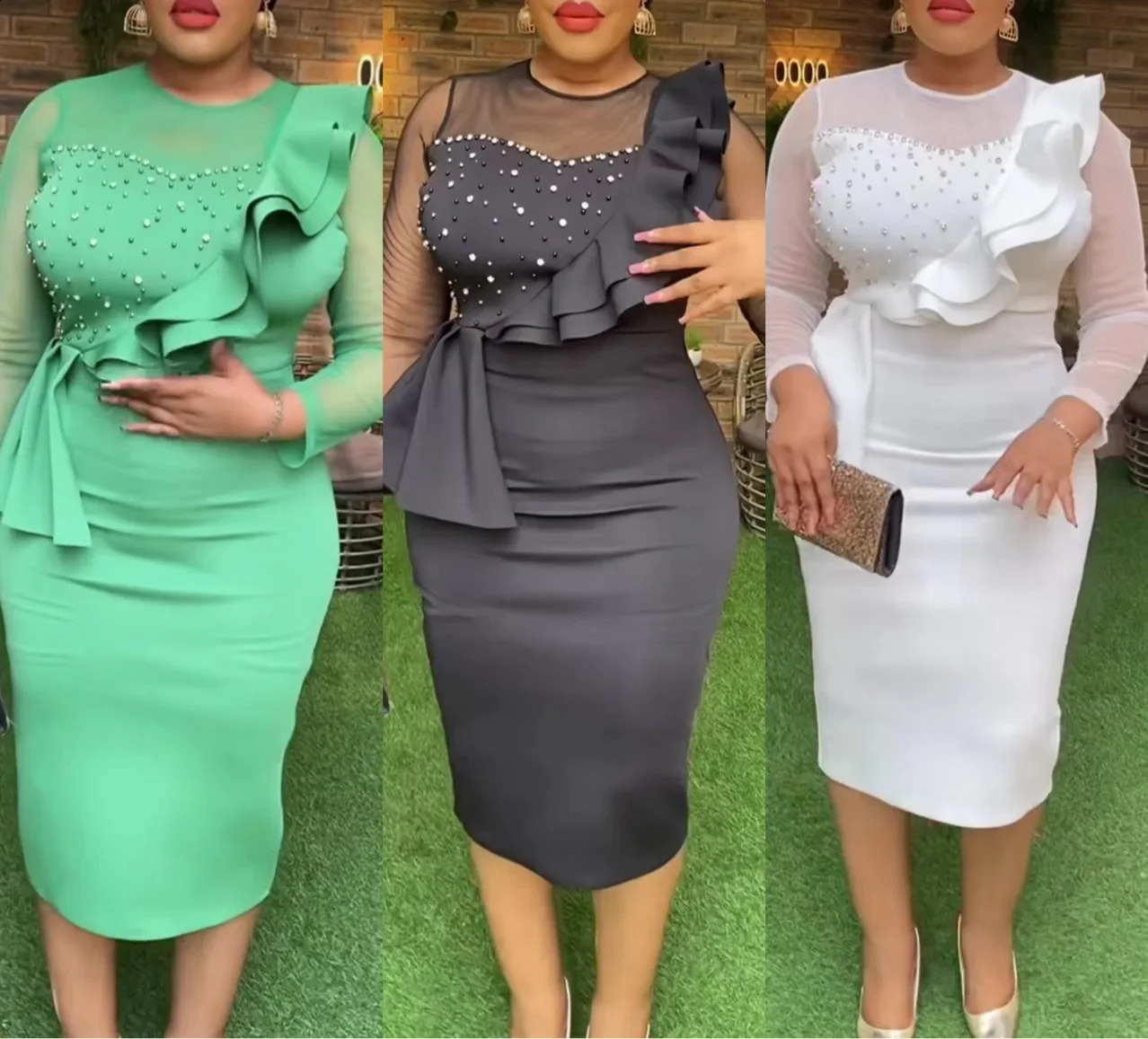 African Wedding Party Dress Spring African Womens Long Sleeve O-Neck Polyester Knee Length Dress Osaka African Womens Dress 240921