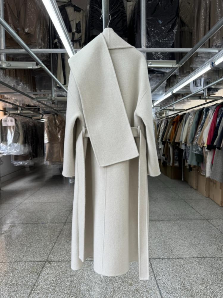 Scarf Double-Sided Office Lady Woolen Jackets 2024 Autumn And Winter Simple Loose Profile Lace-Up Elegant Women's Long Wool Coat