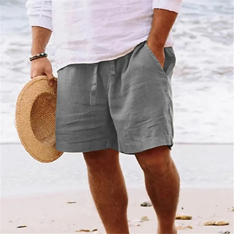 Mens summer cotton and linen shorts drawstring tight waist straight legs solid color breathable five casual shorts for daily beach wear 240923
