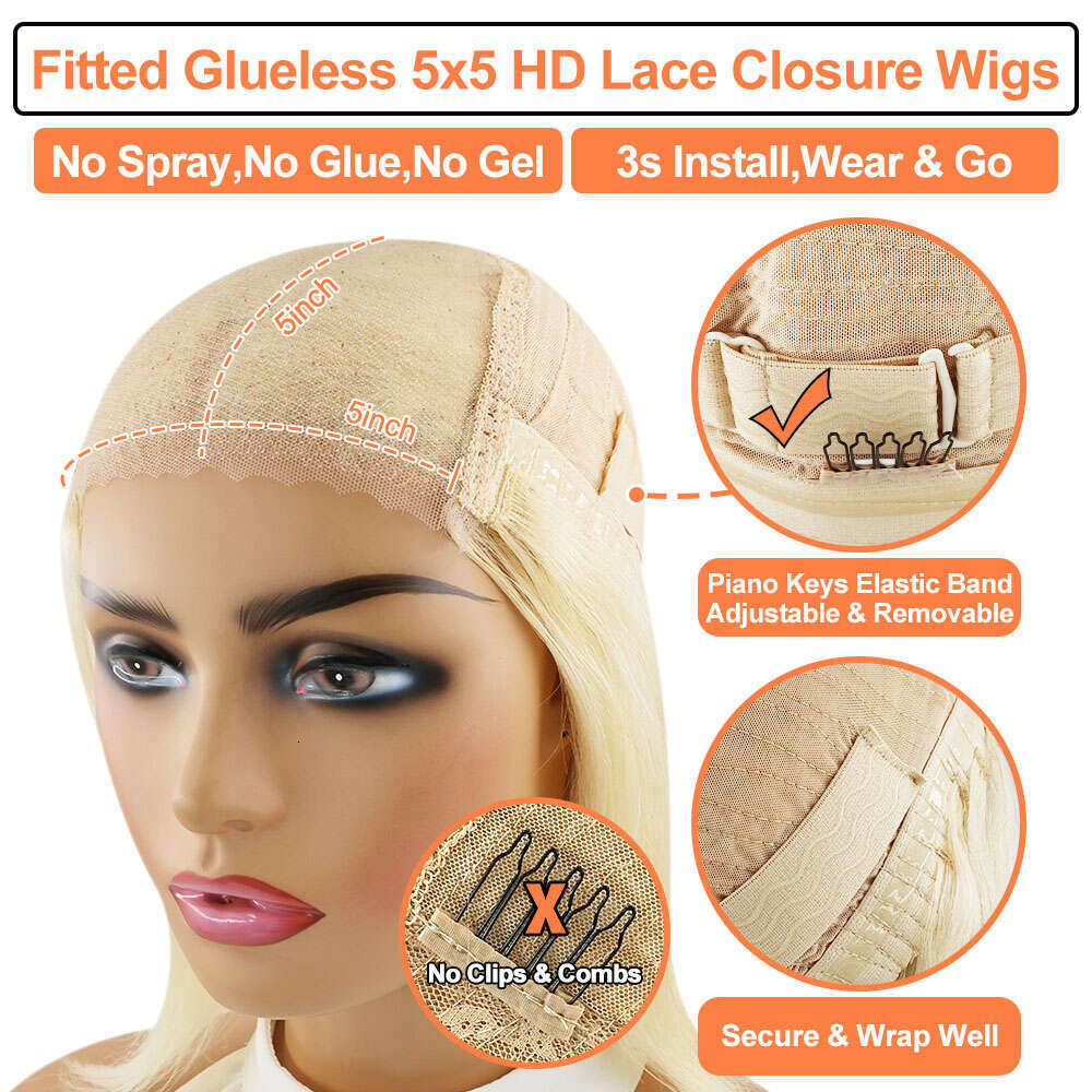 Glueless Highlight Ash Blonde Straight Wig 100% Human Hair 180 Density 13x6 Lace Front Preplucked Natural Remy Wigs