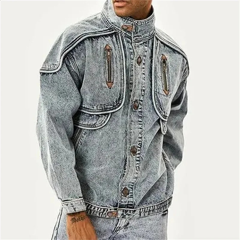 IEFB Autumn Mens Denim Jacket Solid Color Collar US Coat Washing Patch Work Multi Pocket 12A5983 240921