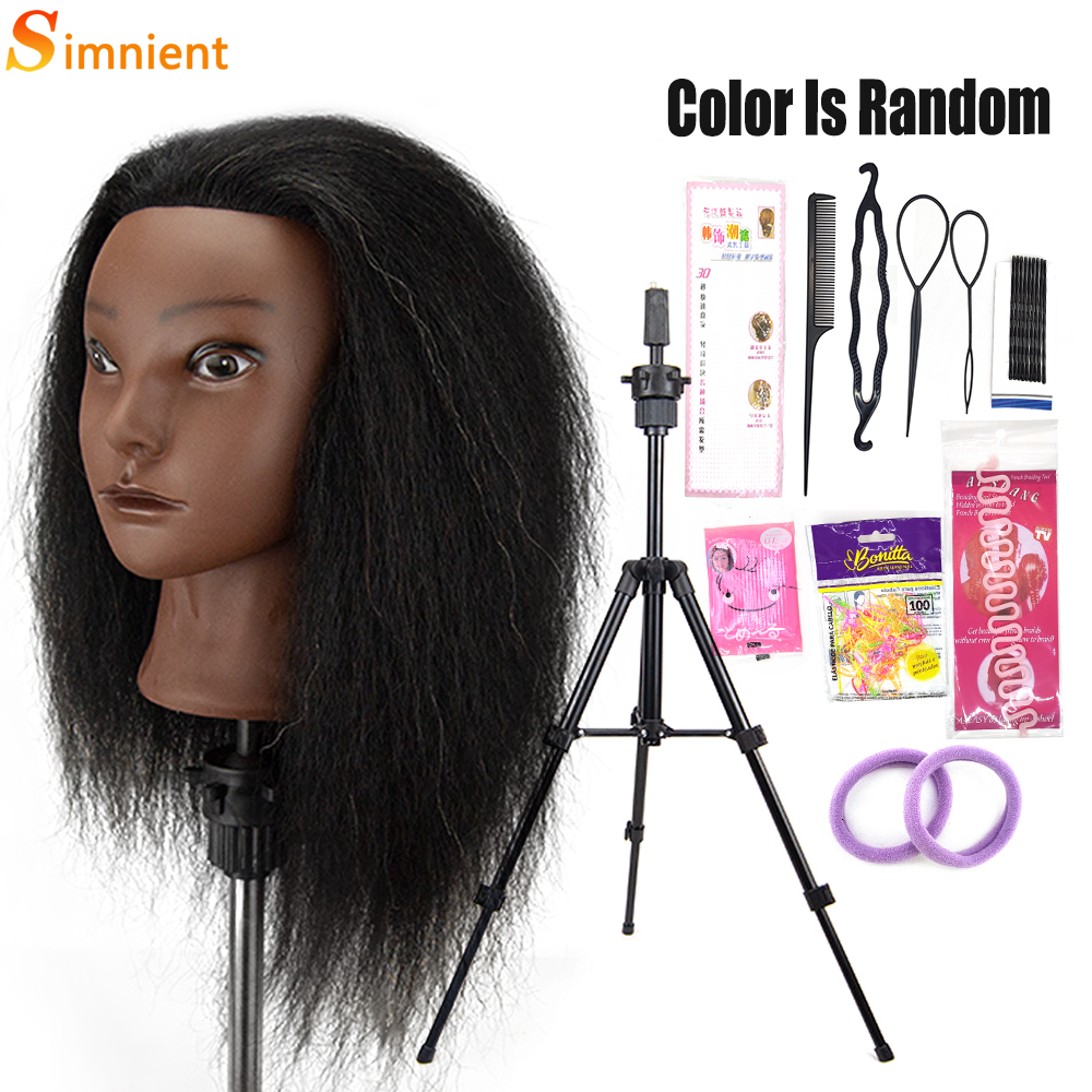 African Mannequin 100%Real Hair Hairdresser Training With Tripod Manikin Cosmetology Doll Head For Braiding Styg