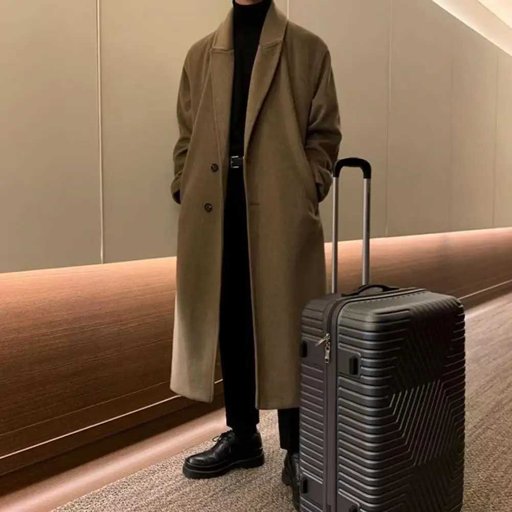 Mens wool coat Korean wool coat mens long wool coat with lapel pockets solid color windproof coat W241211