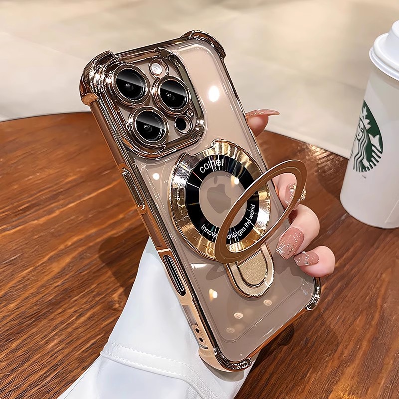 Luxury Four Corners Airbag Bracket Ring Stand Magnetic For Magsafe Wireless Case With Camera Lens Film Shockproof For iPhone 16 15 14 13 12 11 Pro Max