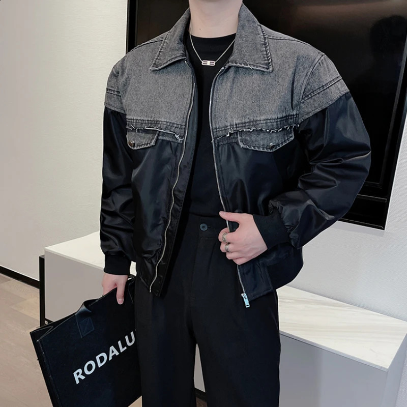 fashion patch work denim jacket mens loose casual baseball lapel streetwear social hiphop Harajuku 240921