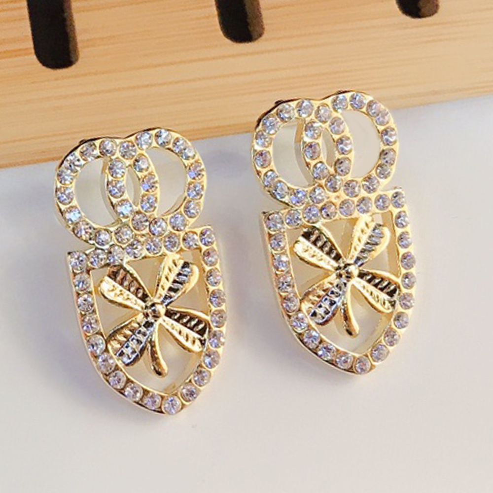 Simple Gold Plated 925 Silver Luxury Stud Geometric Famous Women Round Crystal Rhinestone Pearl Letters Earring Wedding Party Jewelry Hot