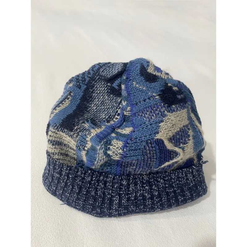 Beanie/Skull Caps Kital Jan Handmade Hats Men Knitted Blend Vintage Patchwork Warm Wool C Geometric Color Block Bonnets for Women Winter Hat J240923