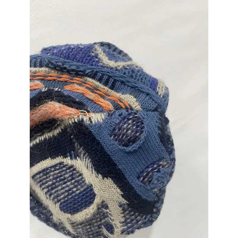 Beanie/Skull Caps Kital Jan Handmade Hats Men Knitted Blend Vintage Patchwork Warm Wool C Geometric Color Block Bonnets for Women Winter Hat J240923