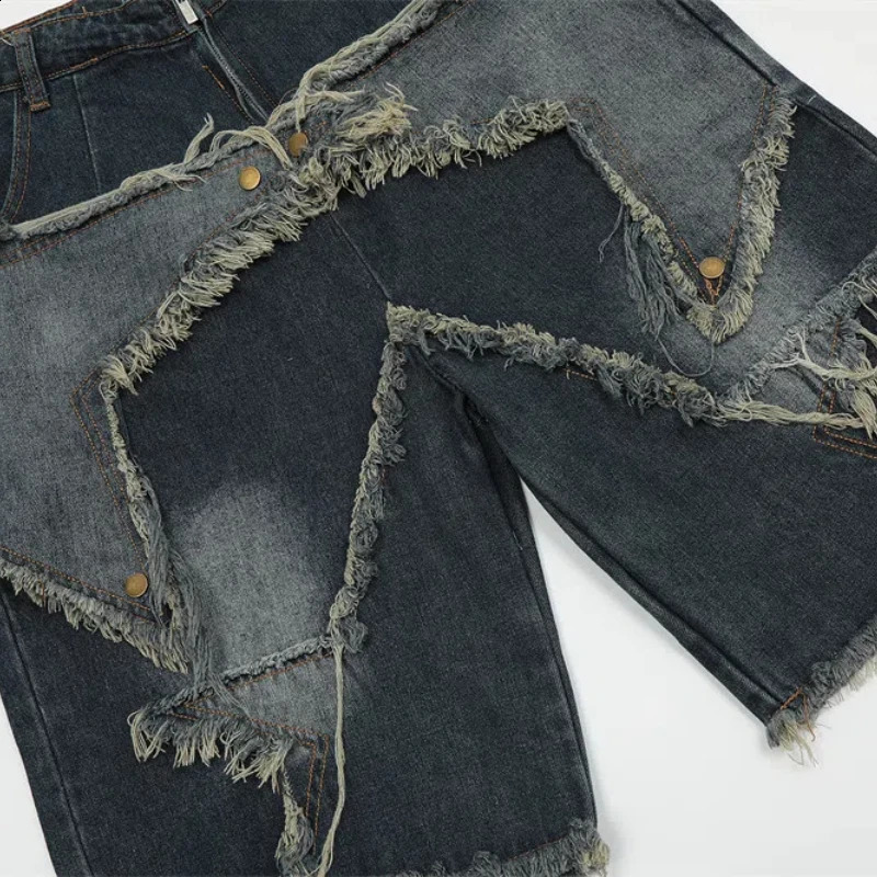 Vintage Jeans Shorts for Men Tassel Star Embroidery Denim Shorts Men Splicing Loose Hip Hop Streetwear Harajuku Y2K Jeans Pants 240921