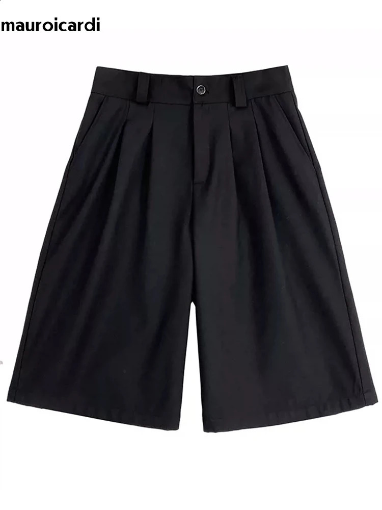 Mauroicardi Spring/Summer Loose Casual Black Folded Mens Shorts High Waist Straight Pants 240923
