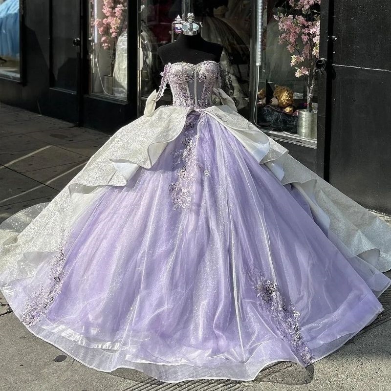 Lilac Shiny Sweetheart Quinceanera Dresses Beads Applique Lace Tull Off The Shoulder Sweet 16 Dress Birthday Party Ball Gowns Vestidos De 15 Anos