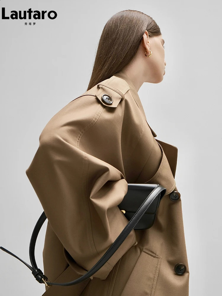 Lautaro Spring Autumn Oversized Khaki Long Grey Trench Coat for Women Double Breasted Loose Casual Korean Fashion Overcoat 2024 240919