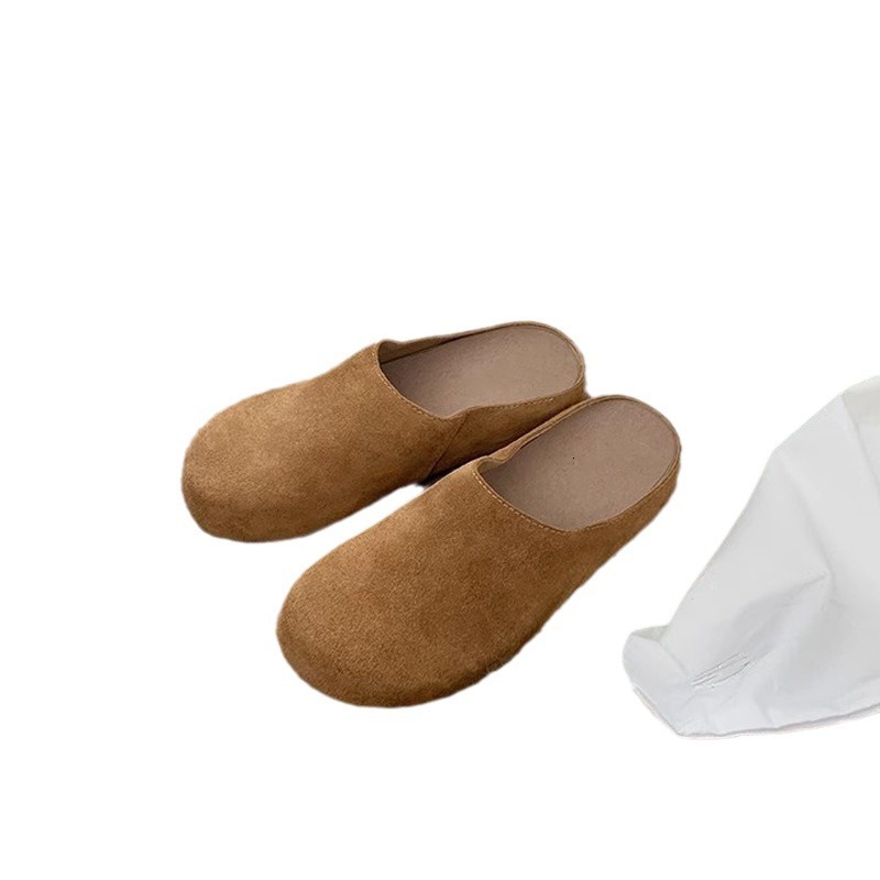 Cowhide Edition~Grape Mom Same Style Row Style One Step Stepping Flat Half Bag Boken Women's Shoes Casual Baotou Boken Slippers