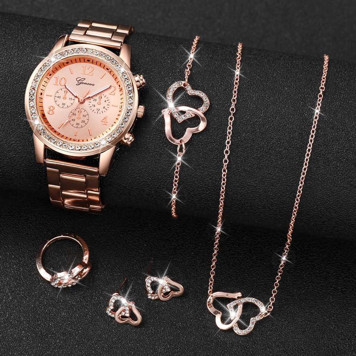 6PCS Set Rose Gold Luxury Watch Women Ring Necklace Earring Quartz Watch Double Heart Jewelry for Ladies Gift Set(Without Box)X240923