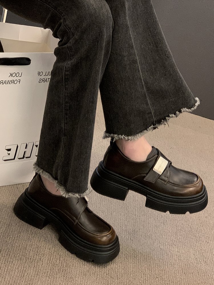 Casual Leather Slip-On Loafers for Women: Vintage Fashion, Height Boost, Black/Brown 1fa8