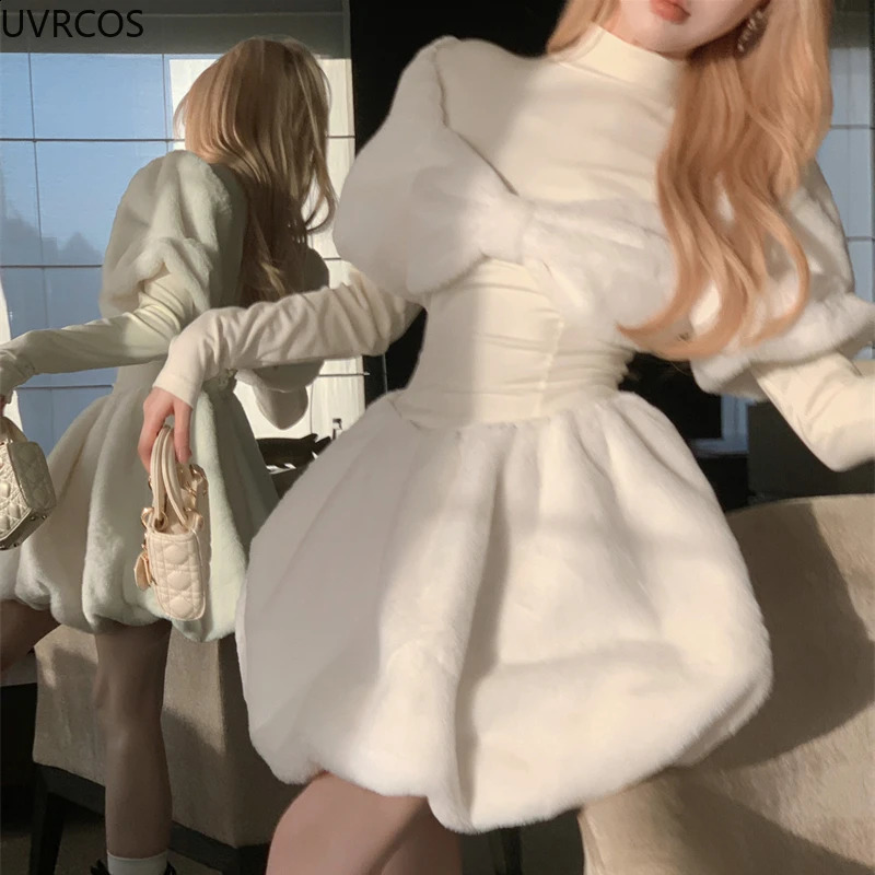 Winter Sweet Half High Collar Lolita Dress Women Elegant Plush Patchwork Bow Party Mini Dresses Korean Style Casual Slim Dresses 240913