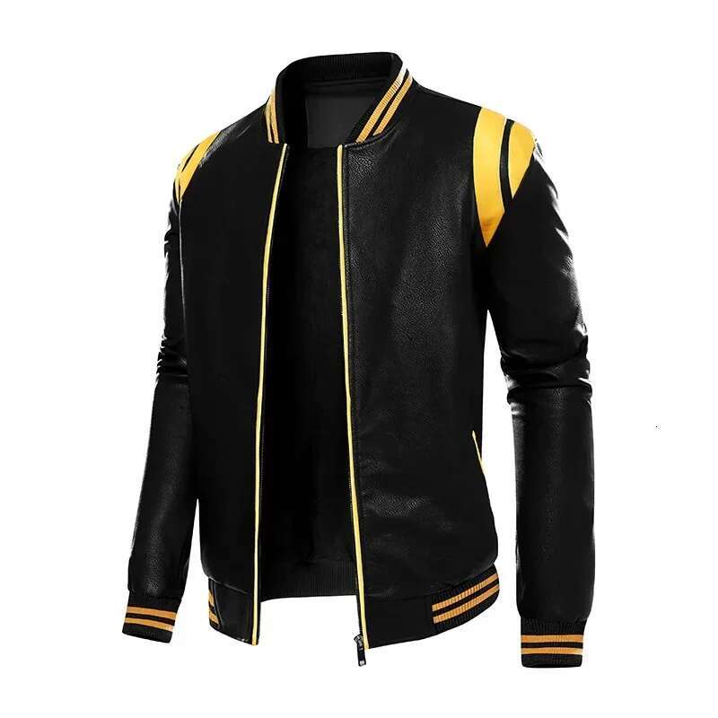 Leather Jacket Men Patchwork Biker Coat Motorcycle Jackets Mens Winter Casual Fleece Warm Coats Stripe Loose Outwear s s s