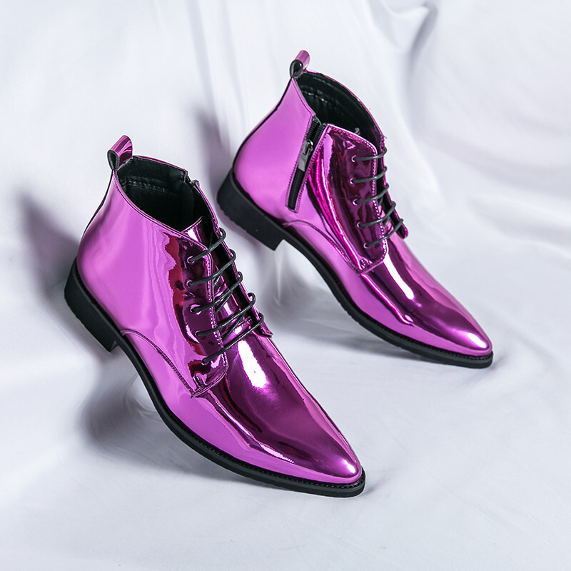 Fashion Design Pink Men High Top Wedding Shoes Leather Bright For Man Flat Lace-Up Men's Pointed Boots Big Size 47 241117
