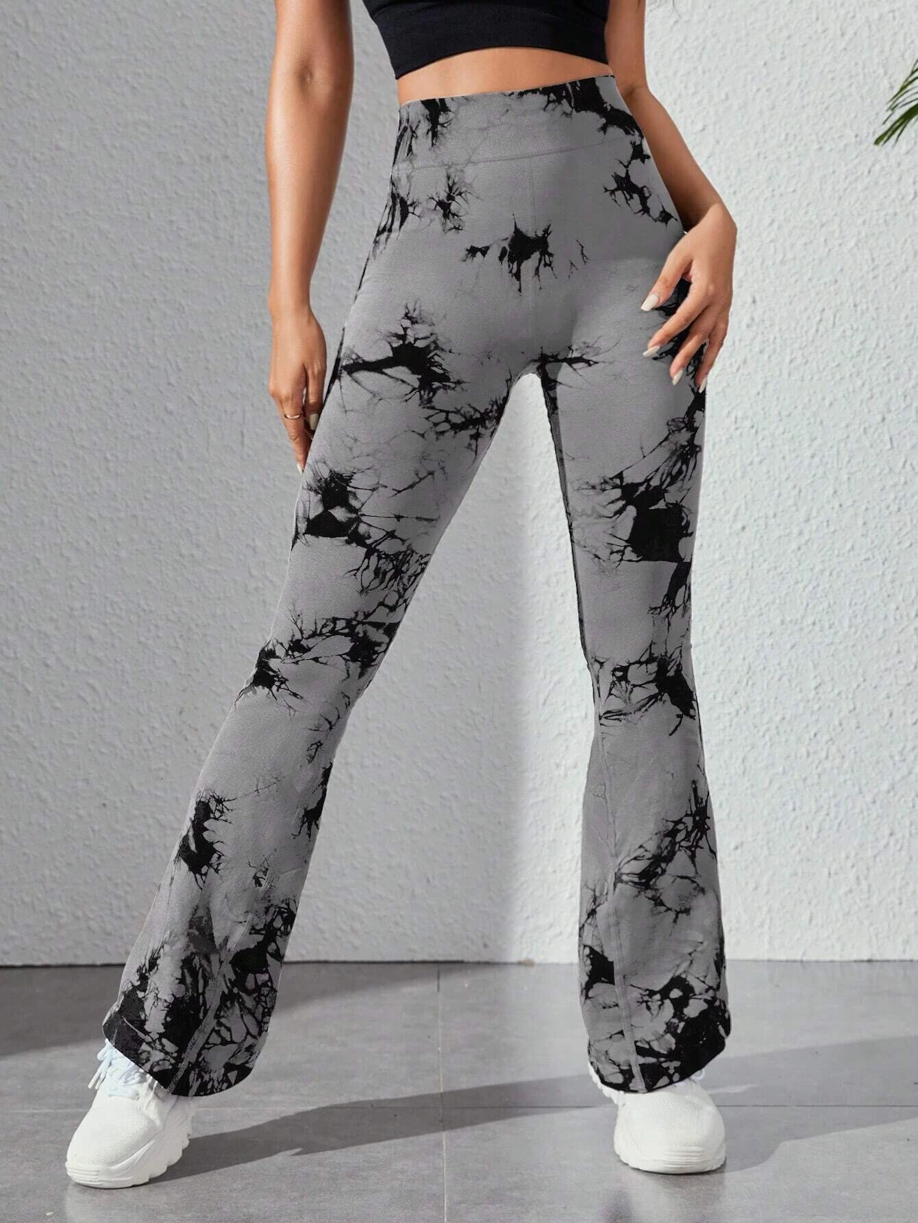 Women's Seamless Tie Dyed Wide Leg With High Waist And Hip Control Training Flared Yoga Casual Sports Pants