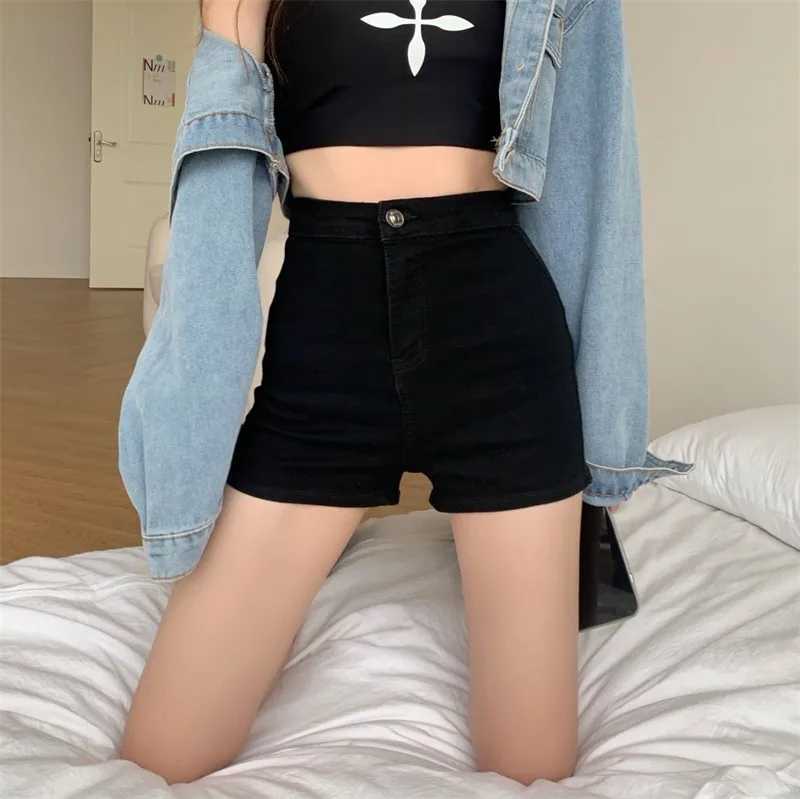 New Summer Women High Waist Button Wigh Leg Jeans Shorts Casual Female Loose Blue Denim Shorts Black WhiteX2409