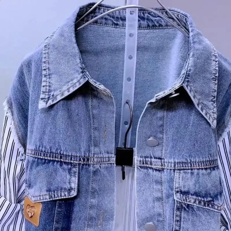 Fashion Striped Denim Jacket Womens SpringSummer 2024 n Sense Stitching Women Jackets Temperament Coat Top 240919