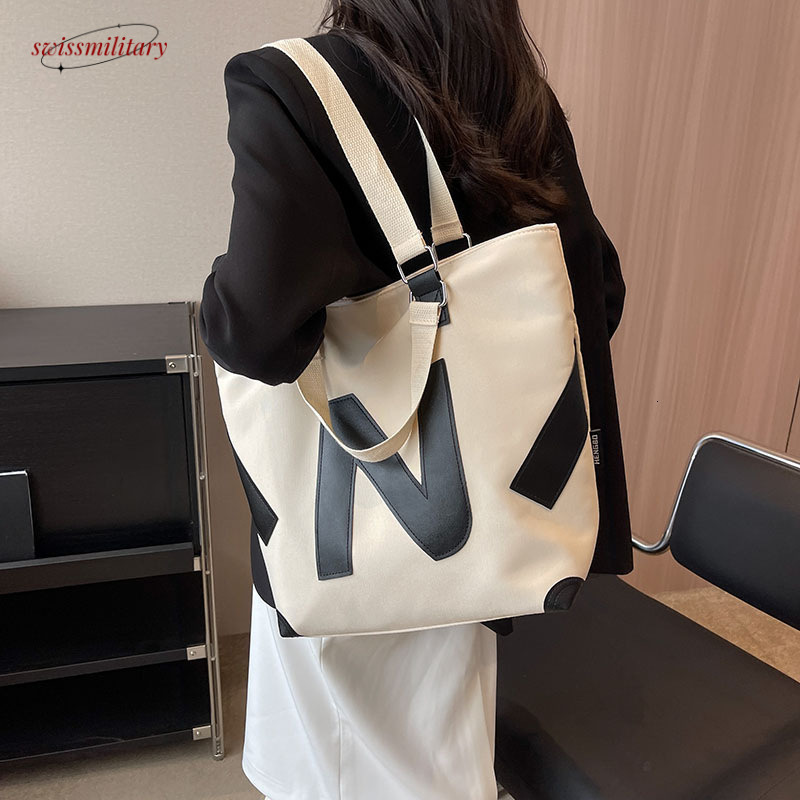 2024 New Leisure Large Capacity Instagram Student One Shoulder Tote Double sided Emed Letter Canvas Bag for Women #27 Swissmilitary