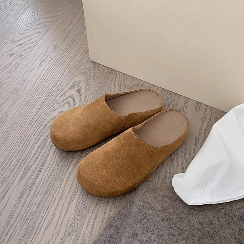 Cowhide Edition~Grape Mom Same Style Row Style One Step Stepping Flat Half Bag Boken Women's Shoes Casual Baotou Boken Slippers