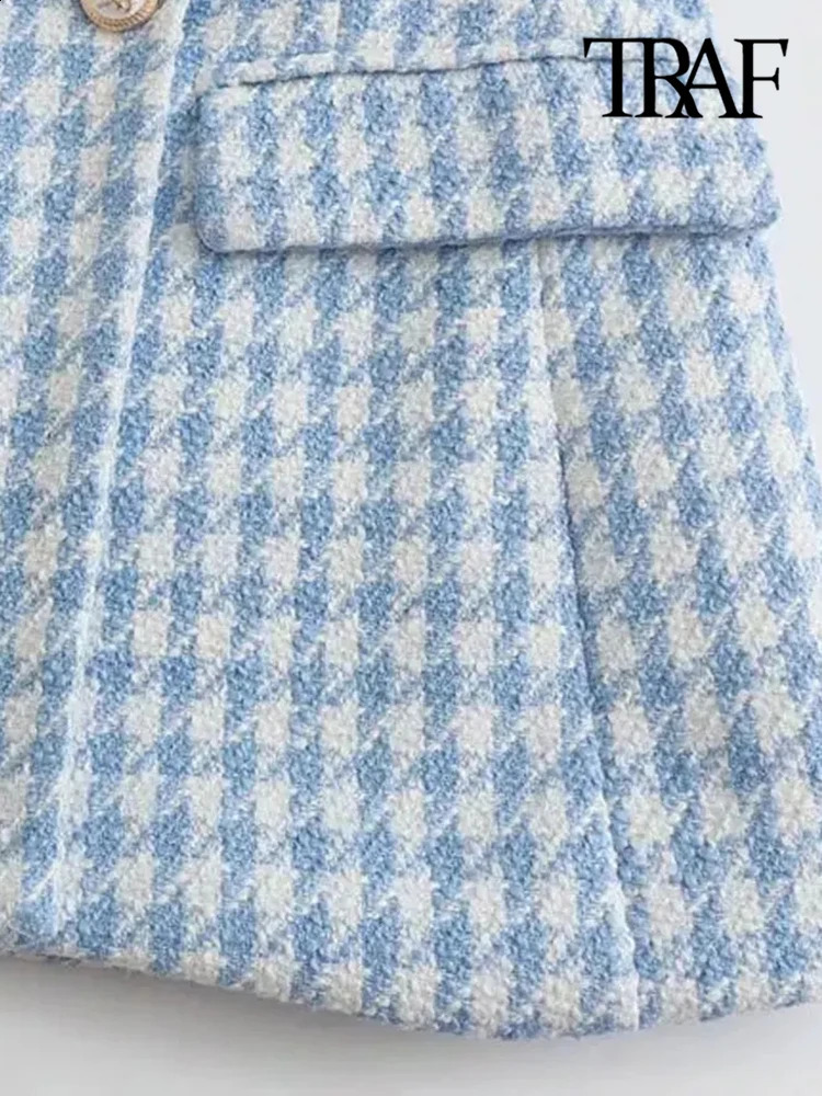 TRAF Women Fashion Houndstooth Double Breasted Tweed Blazer Coat Vintage Long Sleeve Flap Pocket Female Outerwear Chic Veste 240911