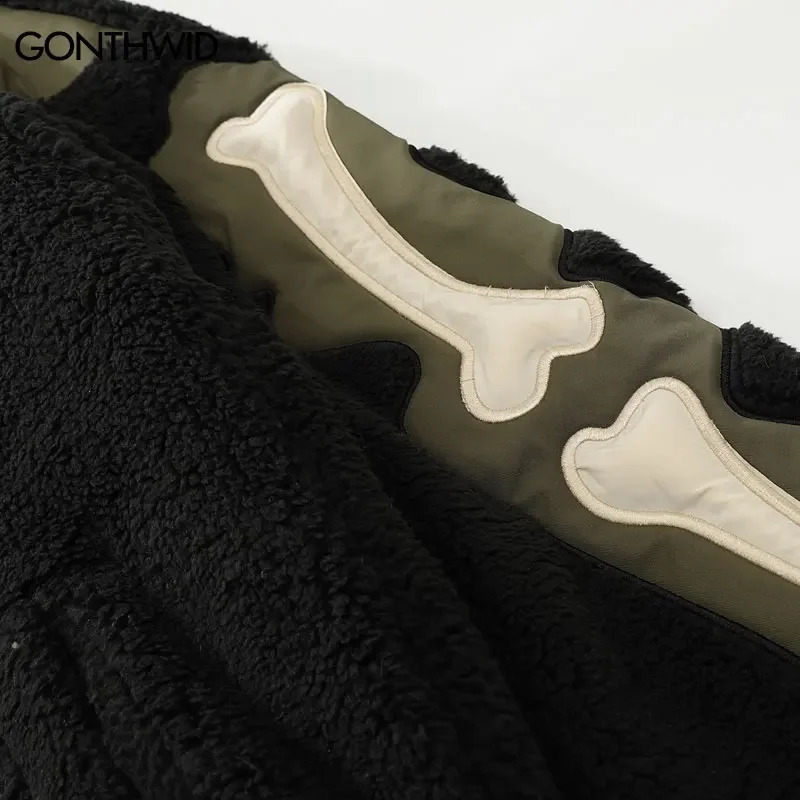 Hip Hop Fleece Warm Jacket Men Embroidery Skull Skeleton Bones Patch Lambswool Fuzzy Fluffy Coats Parka Harajuku Thicken Jackets 240914