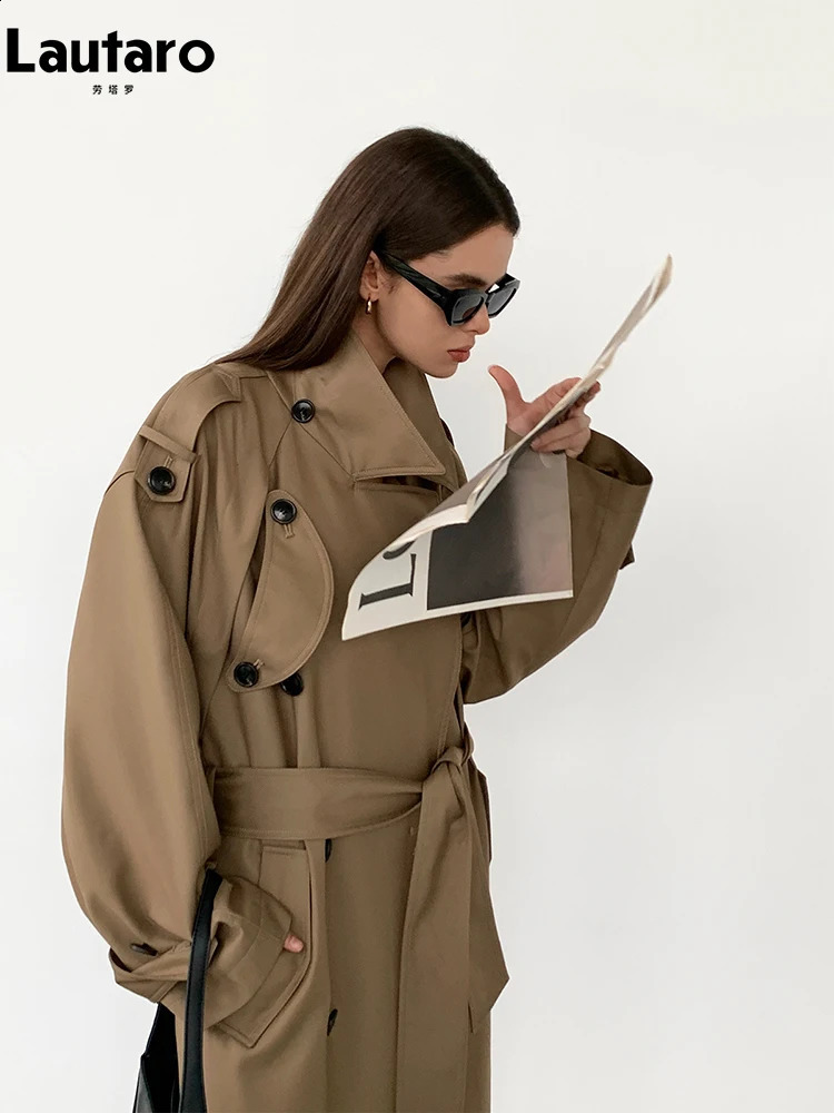 Lautaro Spring Autumn Oversized Khaki Long Grey Trench Coat for Women Double Breasted Loose Casual Korean Fashion Overcoat 2024 240919