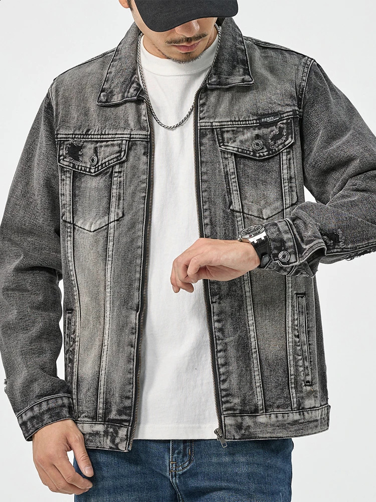 Mens Fashion Denim Jacket Smoke Grey Zipper and Comfortable Fit 240921
