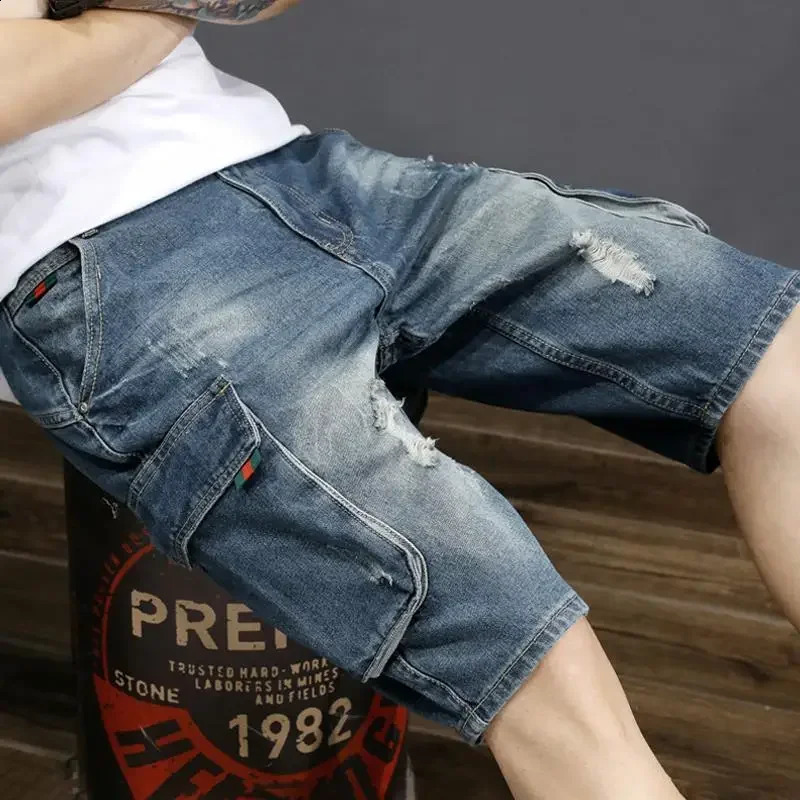 Mens denim shorts blue long tear Bermuda half mens shorts trend Korean fashion Xl retro Jorts Y2k 240923